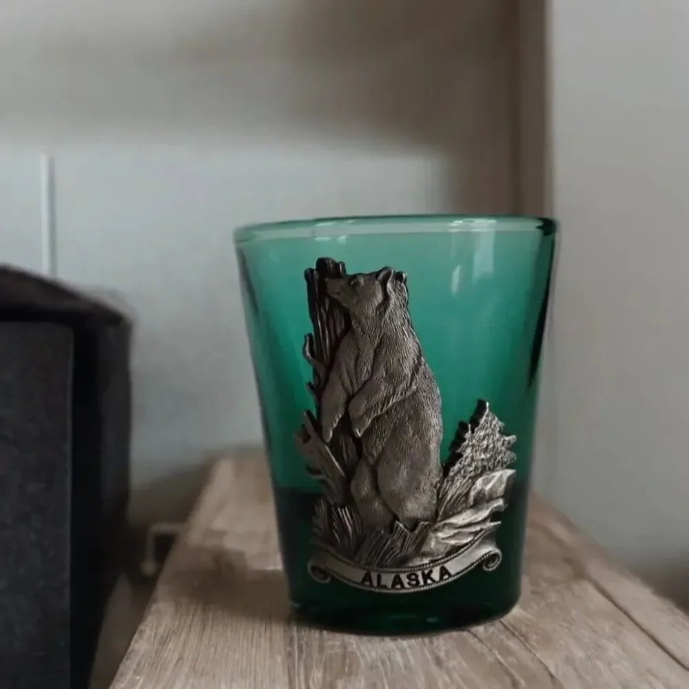 Green Alaska Fine Pewter Bear Shot Glass Set with Matching Boot Toothpick Holder